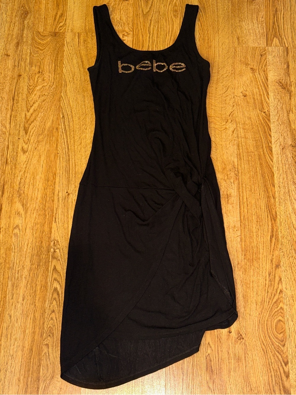 VTG BEBE Style# WCD906992 Asymmetrical Jet Black Tank Bodycon Dress NEW w/Flaws